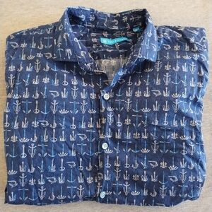 Tori Richard Men's Navy Hawaiian Anchors Print Button Down Shirt - Size M